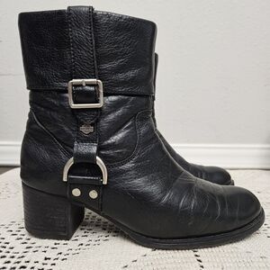 Harley Davidson Sadie Black Leather Bootie Size 7 Side Zip Closure Bikercore